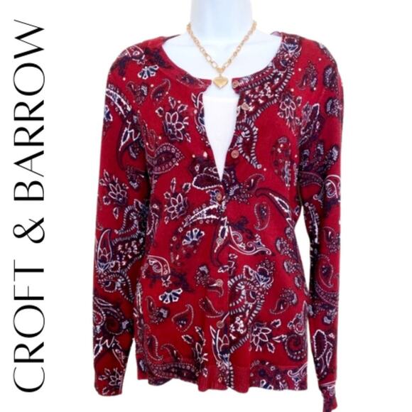 CROFT & BARROW Maroon Paisley Print Cardigan, M, NWT! - Picture 1 of 8